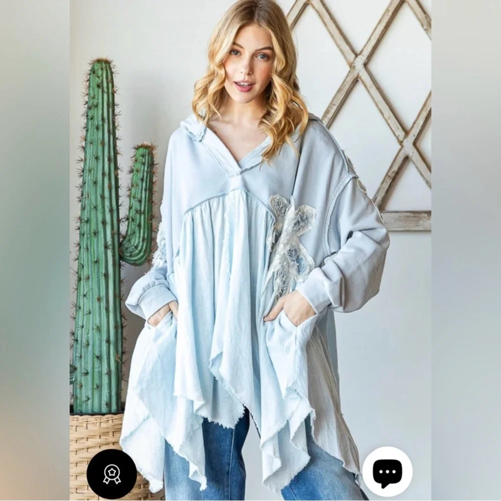 New Oli & Hali Daisy Patchwork Ruffle Hem Oversized Hooded Top - Picture 3 of 6